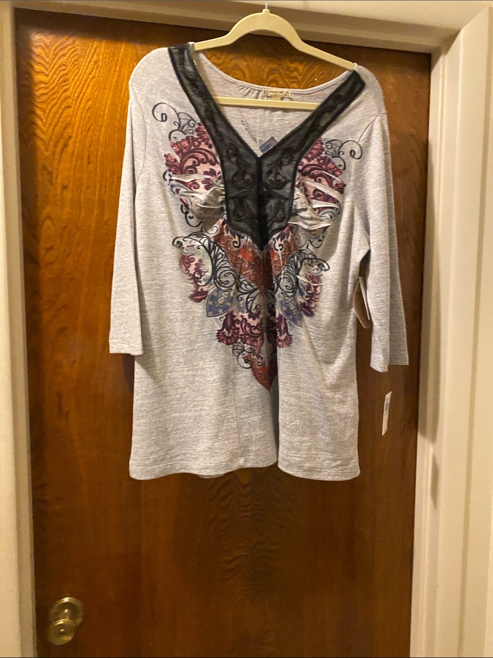 Cream V-Neck Tunic with Black Lace Inset and Multicolor Print